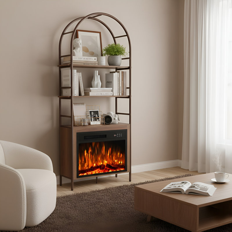 72" Arched Fireplace Bookshelf with Adjustable Shelves, Tall Media Cabinet, Brown