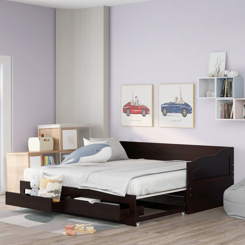 Wooden Daybed with Trundle Bed and Two Storage Drawers – Extendable Espresso Sofa Bed for Bedroom and Living Room, Brown
