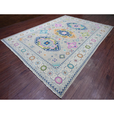 9'7"x13'4" Cloud Grey, Colourful Fusion Kazak, Caucasian Design with Geometric Medallions, 100% Wool, Hand Knotted, Oriental Rug