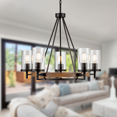 Oaklyn 5-Light Wagon Wheel Chandelier in Matte Black and Walnut