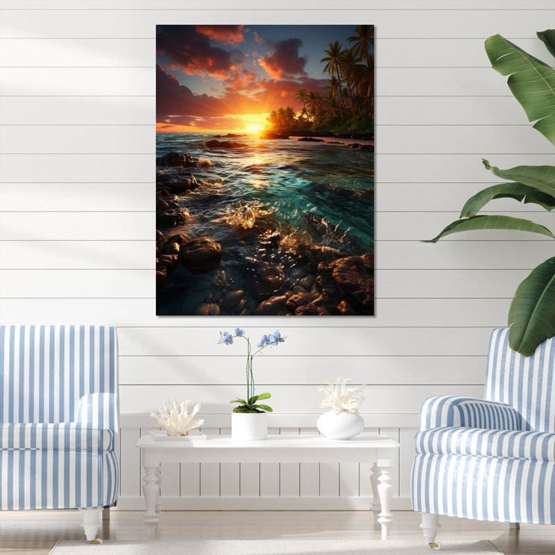 Plage, coucher de soleil, sérénade sur toile, L 12 po x H 20 po, Toile tendue