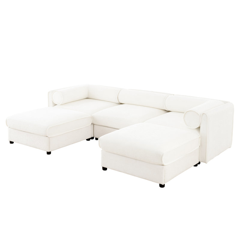Chenille Sofa with Storage Ottoman and Cylindrical Backrest, White