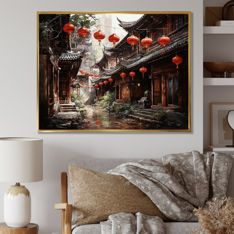 «China Red Lantern II» - impression, Cadre flottant doré, H 16 po x l 32 po x P 1 po