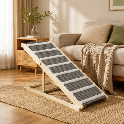 Rampe pliable pour animaux de compagnie en pin massif naturel et gris, avec quatre hauteurs réglables, tapis antidérapant à haute adhérence, capacité de 50 kg, conception portable pour chiens et chats, lits, canapés et voitures