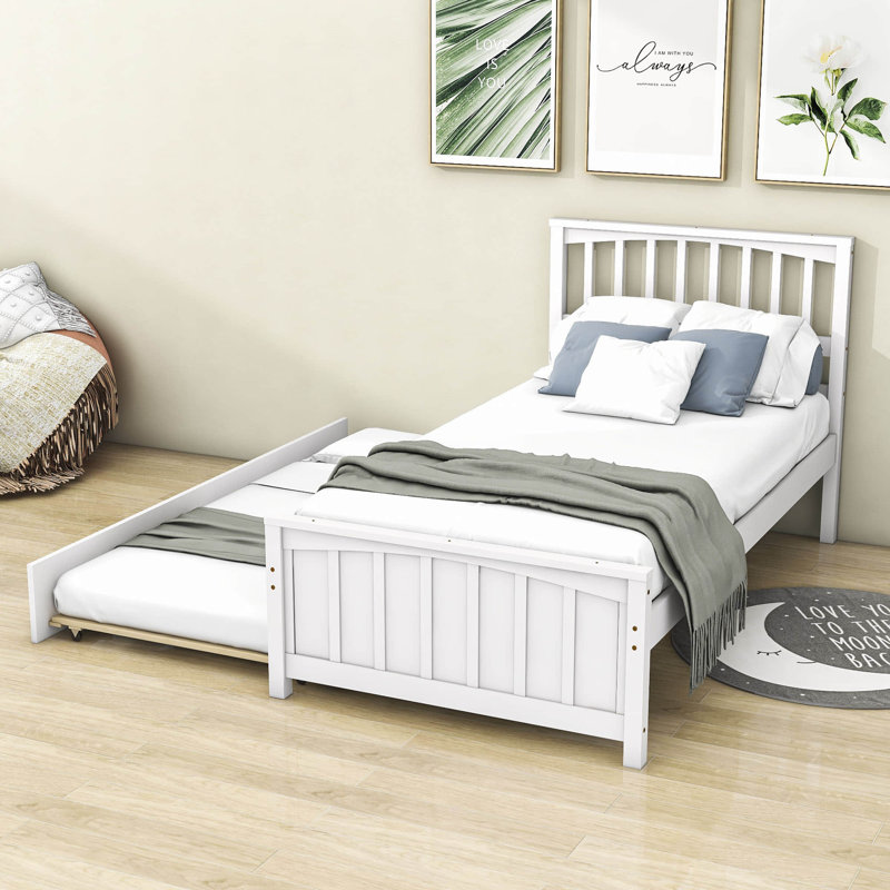 Twin Solid Wood Platform Bed with Trundle, White