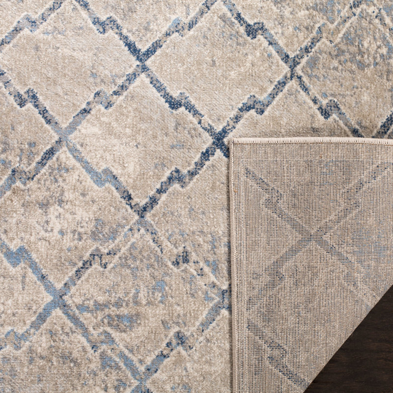 Cambrai Geometric Light Gray/Dark Blue Area Rug, Runner 2' x 12'