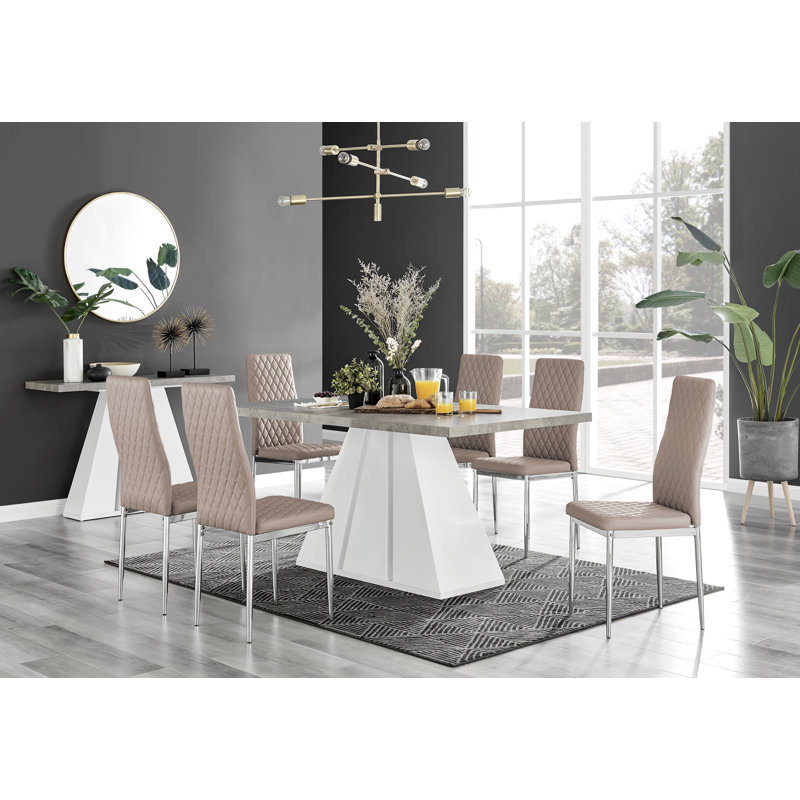 Athena Modern Marble Effect & High Gloss Dining Table Set with 6 Quilted Faux Leather Dining Chairs, Grey, Cappuccino/Silver