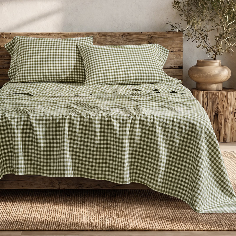 Ensemble de draps EverGrace 100 % lin européen, Grand lit, Vichy vert olive