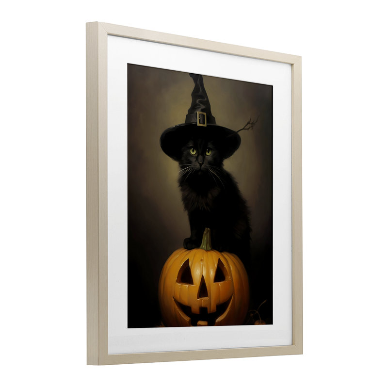 «Black Cat on Pumpkin», reproduction encadrée sous verre, design par LSR Design Studio, H 16 po x l 13 po