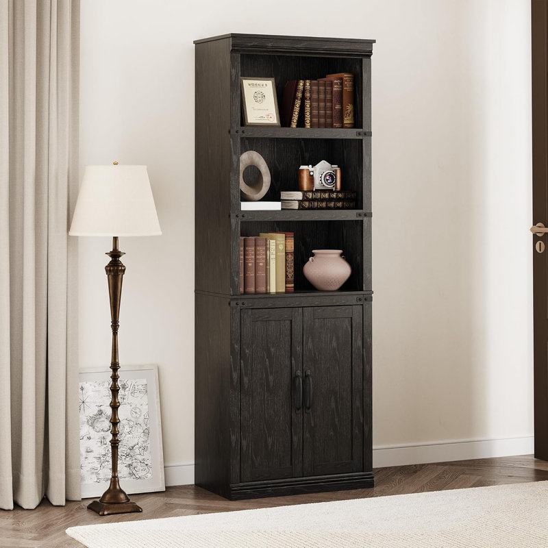 5 Tier Bookshelf With Storage, 68.7'' Tall Bookcase, Wooden Storage Cabinet, Black