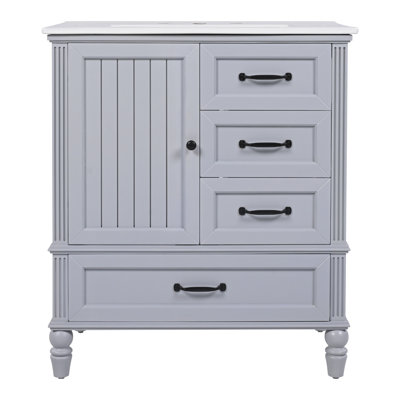  Meuble-lavabo de salle de bain avec lavabo, armoire à une porte et trois tiroirs, pieds en bois massif, gris