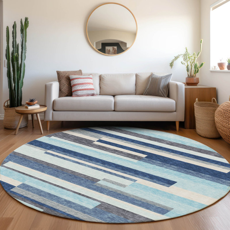 Premium Machine Washable Prisco Blue Rug, Round 8'