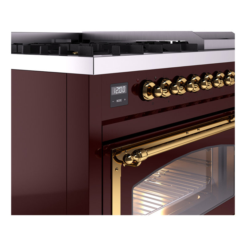 ILVE Nostalgie II Series Noblesse 48 inch Dual Fuel Range with 8 Sealed Burners, Griddle (Glass Door), Brass, Liquid Propane