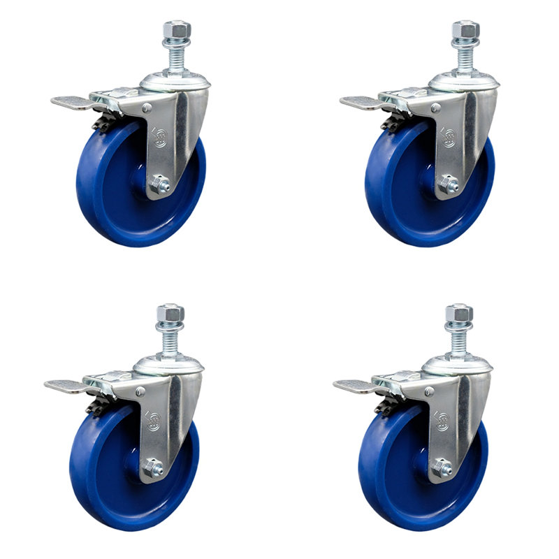 5 Inch SS Solid Polyurethane 3/8 Inch Threaded Stem Caster Set Total Lock Brake