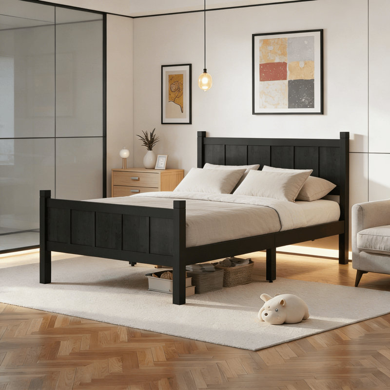 Modern Platform Bed With Headboard, Black, Full