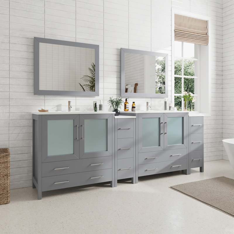  Ensemble de meuble-lavabo double 96 "avec miroir 96", Gris