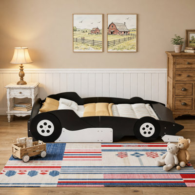 Lit plateforme double en forme de voiture de course avec roues, noir