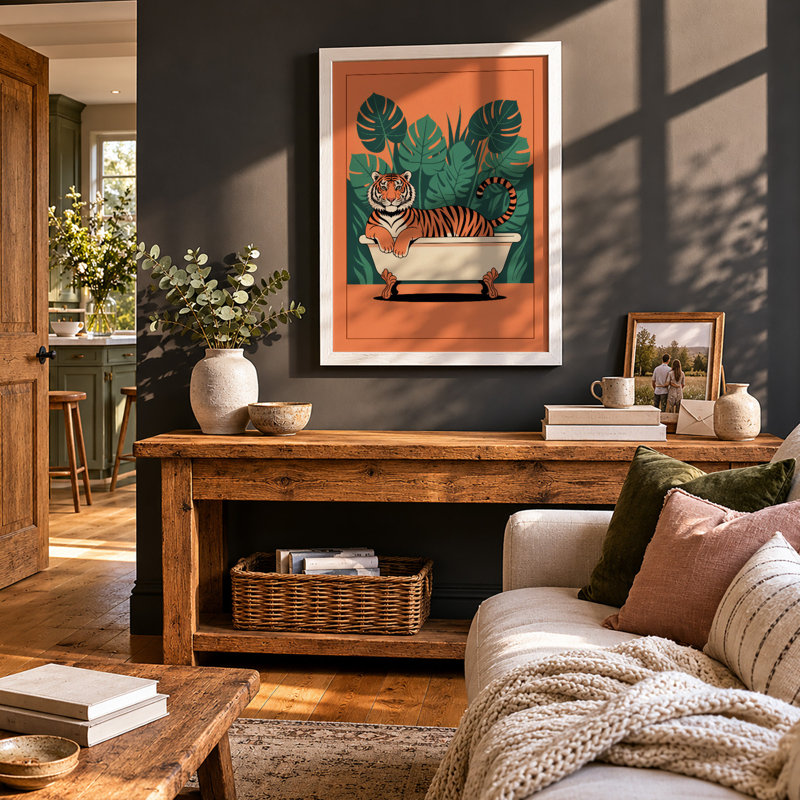 Tiger in the Tub Modern - Framed Print, A2 - 59.4 x 42.0 cm, White