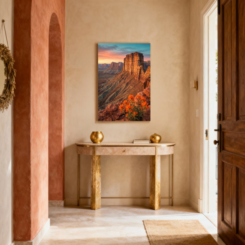 Ensemble de 1 tableau sur toile tendue représentant un coucher de soleil dans un canyon désertique avec des fleurs oranges