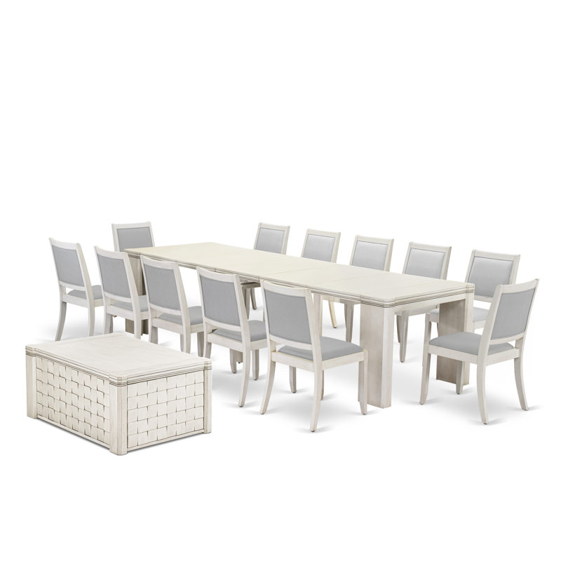 Ensemble de salle à manger extensible 14 pièces comprenant 1 table de salle à manger rectangulaire Xtenczar, 1 table basse, 12 chaises de salle à manger empilables en similicuir gris clair, blanc antique