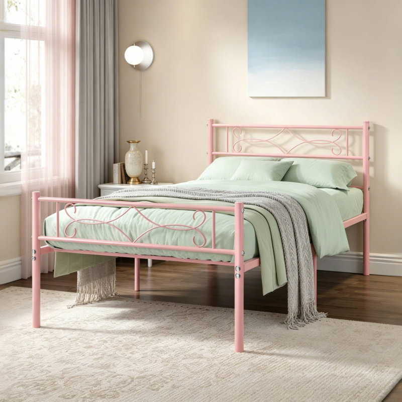 Twin Bed Frame Metal Platform Bed Frame with Headboard & Footboard,  Mattress Foundation ,No Box Spring Needed, Twin, Pink