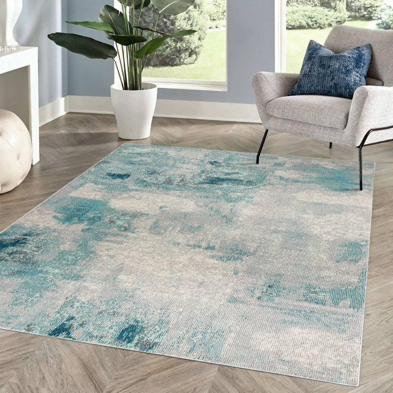 Lasley Contemporary POP Modern Abstract Vintage Cream/Blue Rug, Rectangle 7'9" x 10'