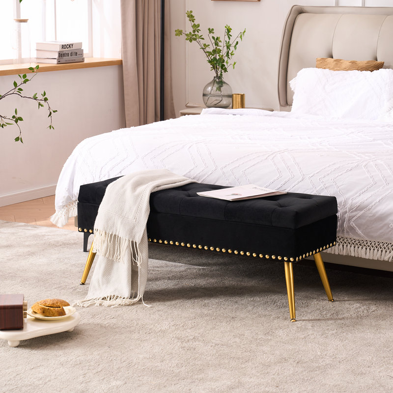 Banc repose-pieds en velours avec rangement, H 16,7 po x l 40 po x P 14,4 po, Noir
