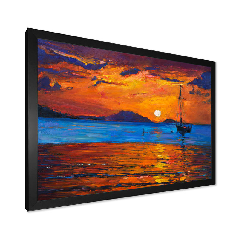 Bateau pendant la soirée, lueur au lac Ix - Peinture sur toile, H 30 po x l 40 po x 1,5 po, Cadre noir