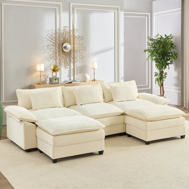 Canapé modulaire surdimensionné de 118 po avec coussins double épaisseur et repose-pieds, Beige