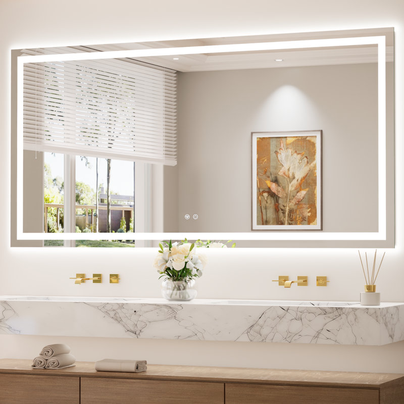 Front & Back LED Lighted Tempered Glass Dimmable Anti Fog Bathroom Vanity Mirror, 72" x 36"