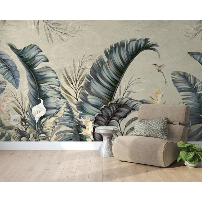 Élégant mur de nature botanique avec feuilles de palmier tropical, L 108 po x l 96 po