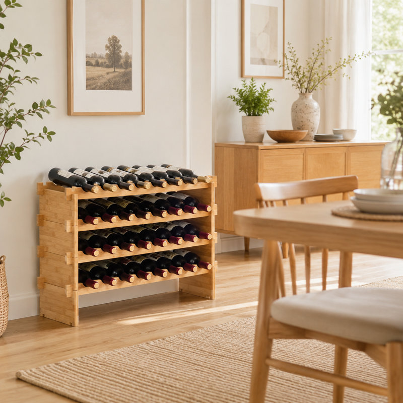Natural Bamboo 36-Bottle 4-Tier Stackable Modular Wine Rack Tabletop Display Shelf Storage Organizer for Home Bar Kitchen Wine Cellar