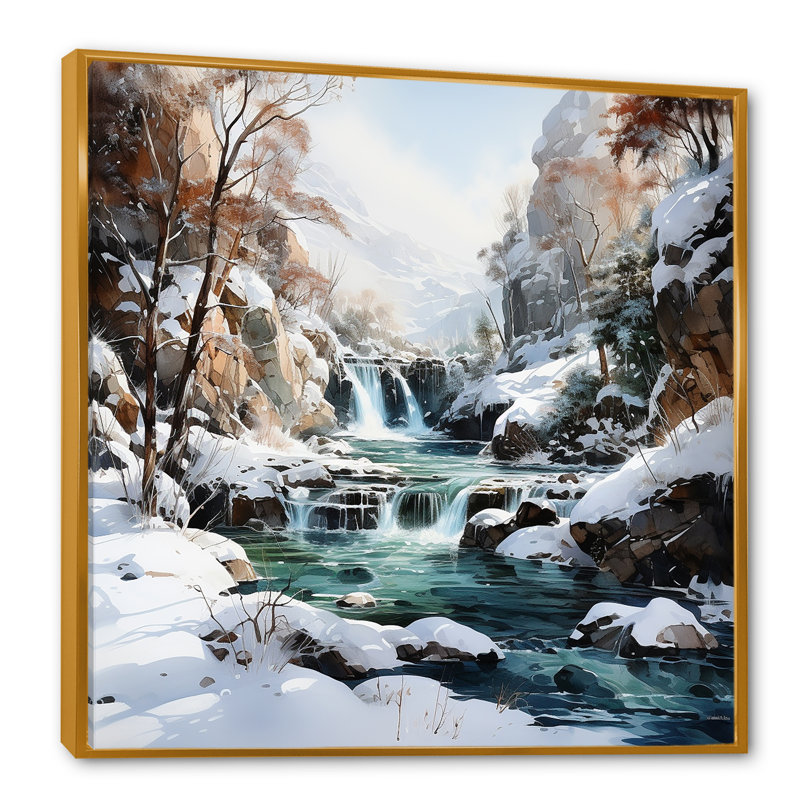 «Waterfall Charm In Winter II», reproduction sur toile, Cadre flottant doré, H 24 po x l 24 po x P 1 po