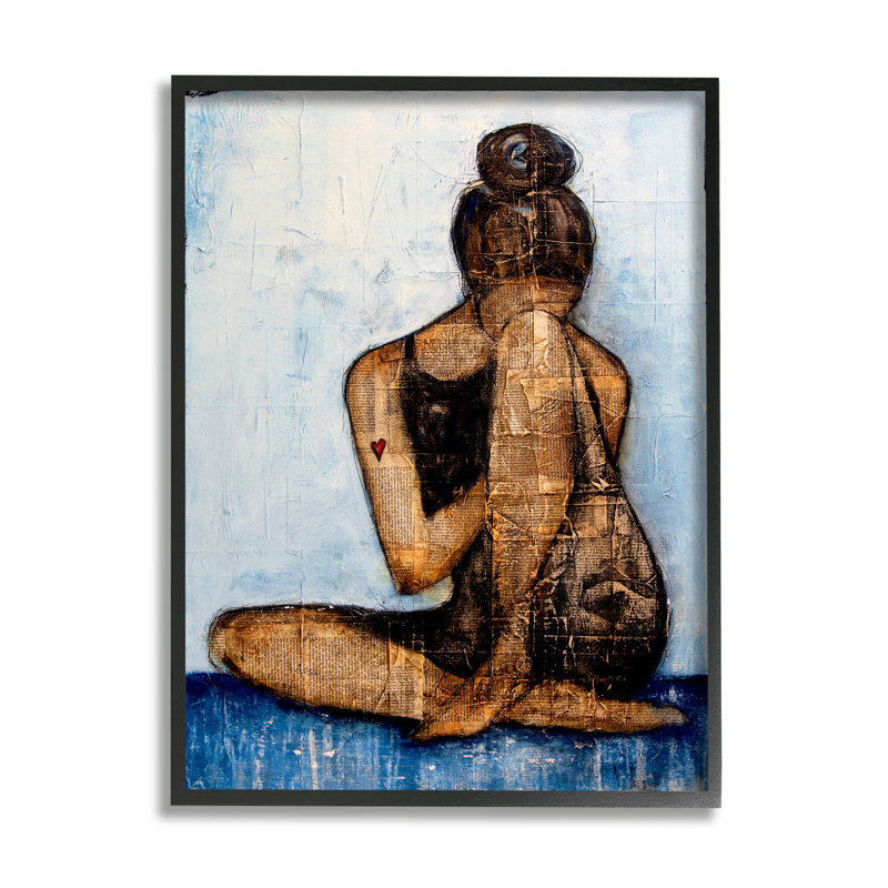Peinture émouvante, collage, superposition de mots, cœur de fille, Giclée encadrée noir minuit, H 14 po x l 11 po x P 1,5 po