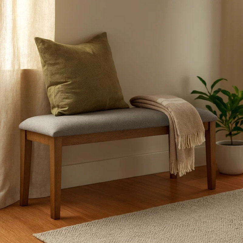 Lyoi Dining Bench, 47 Inch Gray Rectangular Fabric Seat, Brown Wood