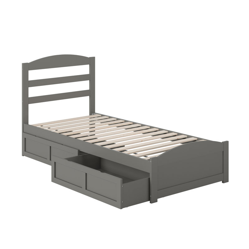 Lit plateforme en bois massif avec pieds de lit et tiroirs de rangement Elliana, Simple très long, gris