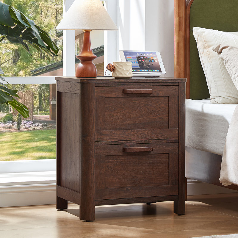 Farmhouse Nightstand With Charging Station, End Tables Bedroom With 2 Large Drawers & 4 Thickened Table Legs, Walnut