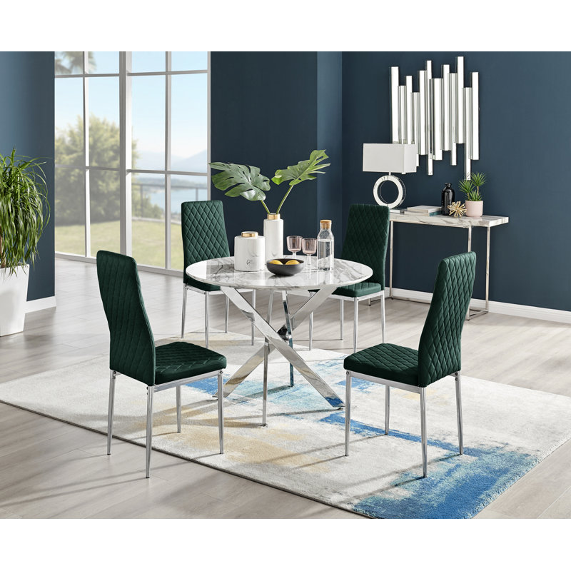 Tierra Modern Chrome Metal & Glass Round Dining Table Set with 4 Quilted Velvet Chairs, Silver, Green/Black, White Marble