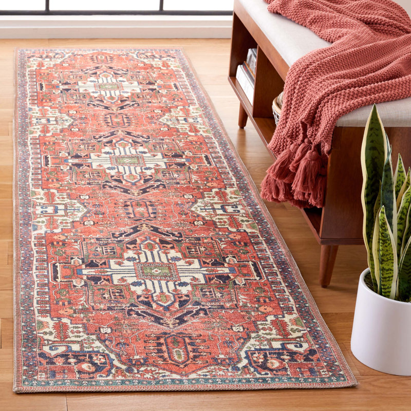 Wyneken Cotton/Chenille Machine Washable Southwestern Rug in Rust/Navy, Runner 2'2" x 8'