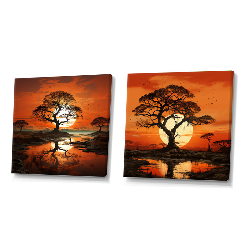 Coucher de soleil silhouettes d'arbre baobab, Toile tendue, H 36 po x l 73 po