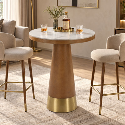 Table de bar ronde, table de pub haute en pierre frittée de 31,5 po avec piédestal en acier inoxydable, table de bar pour bistro de cuisine à domicile