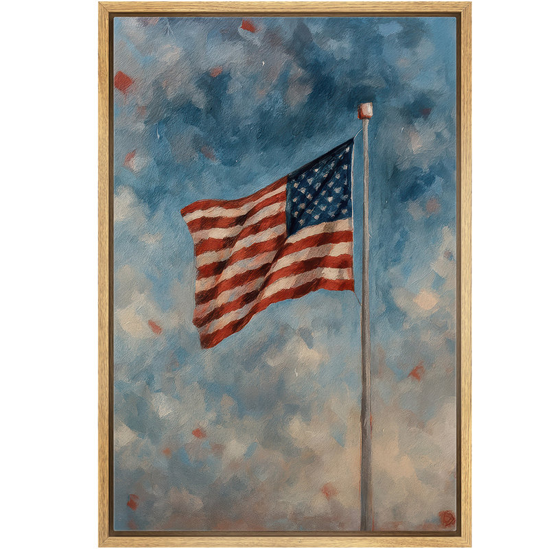 «American Flag on Pole Against Soft Clouded Sky», reproduction d'art sur toile encadrée, H 36 po x l 24 po x P 1,5 po