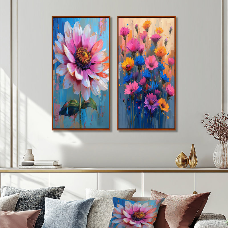 Ensemble de 2 pièces d'art mural bleues et bleues, H 32 po x l 32 po, Cadre flottant brun