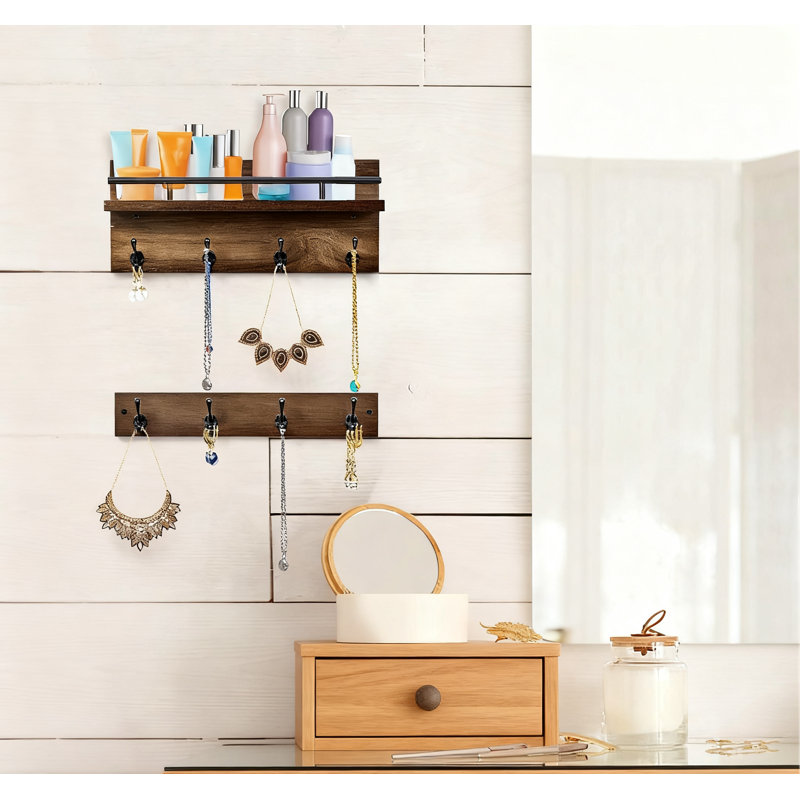 Portemanteau mural en bois massif avec tablette et 8 crochets, organisateur robuste pour vestibule, chapeaux, sacs, clés et accessoires