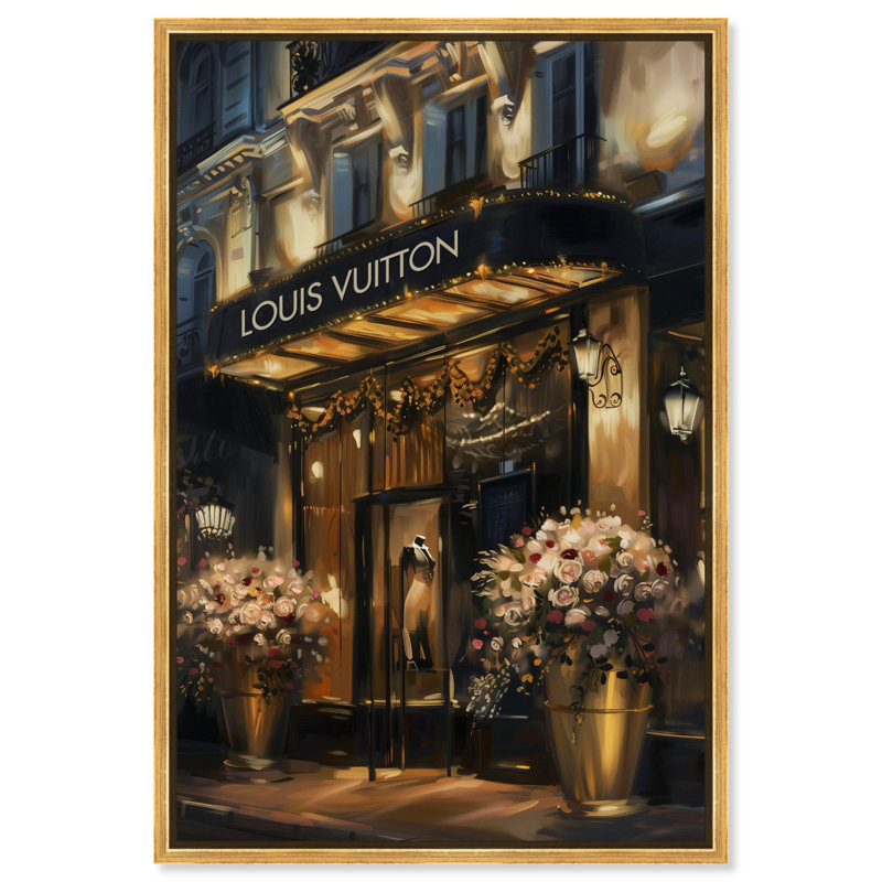 «Elegant Night Storefront» par Art Remedy, H 25 po x l 17 po, Reproduction encadrée sans passe-partout, Doré
