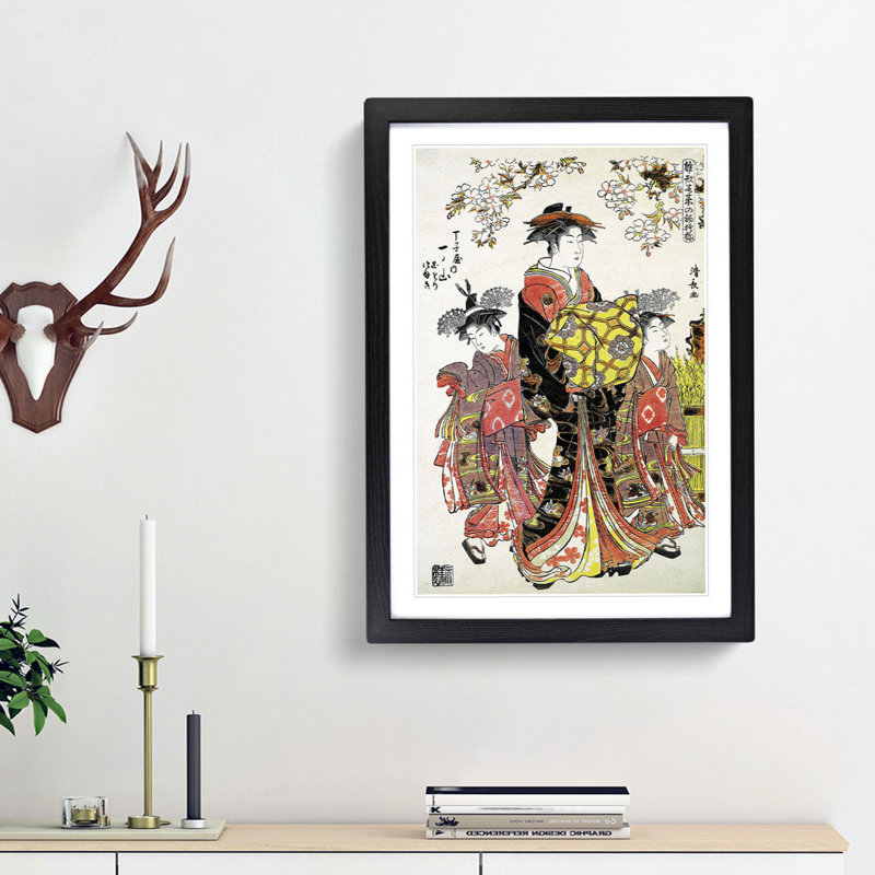 Lady with Two Kamuro by Torii Kiyonaga - Picture Frame Painting Print, 36cm H x 27cm W x 2cm D, Black Framed