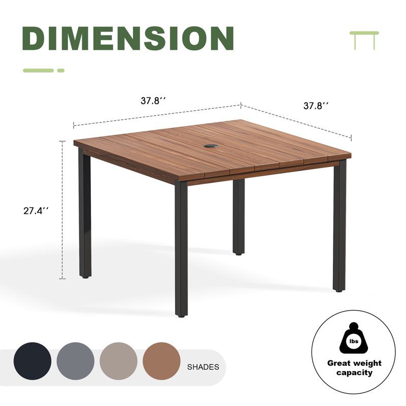 Milaan Square Metal Outdoor Dining Table With Umbrella Hole , 37.8'' in. W 37.8'' in. D, Walnut