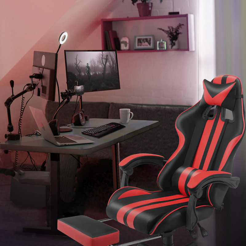 Soontrans Gaming Chair with Footrest High Back Computer Office Gamer Chair with Massage and Headrest Lumbar Support Swivel Seat Ergonomic Game Chair for Adults, Red