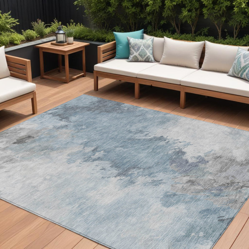 Tapis extérieur lavable abstrait bleu ciel et ivoire 9 pi x 12 pi