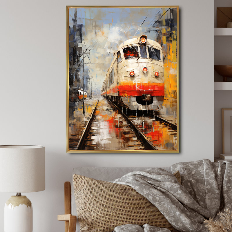 «White Red Train Journey», reproduction d'art sur toile moderne, H 32 po x l 24 po x P 1 po, Cadre flottant doré